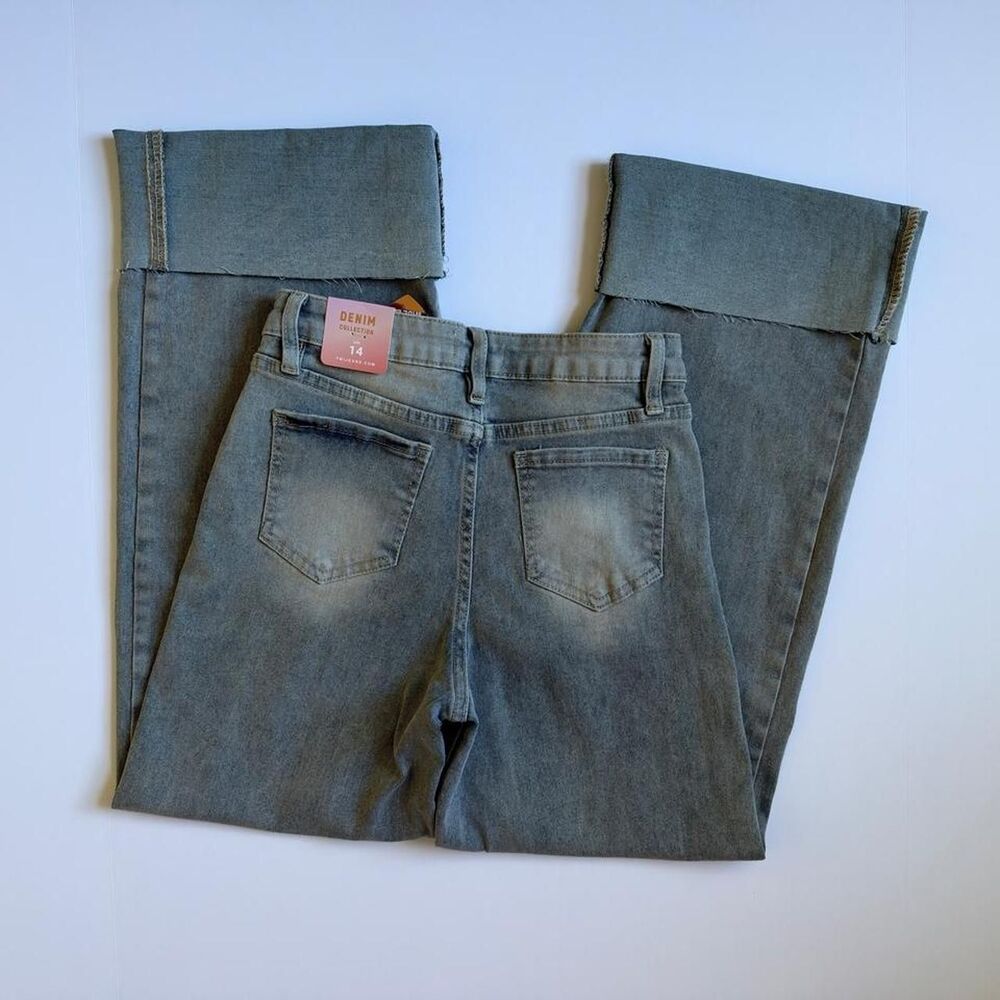 YMI girls wide leg, light wash denim jeans with cuffed hem